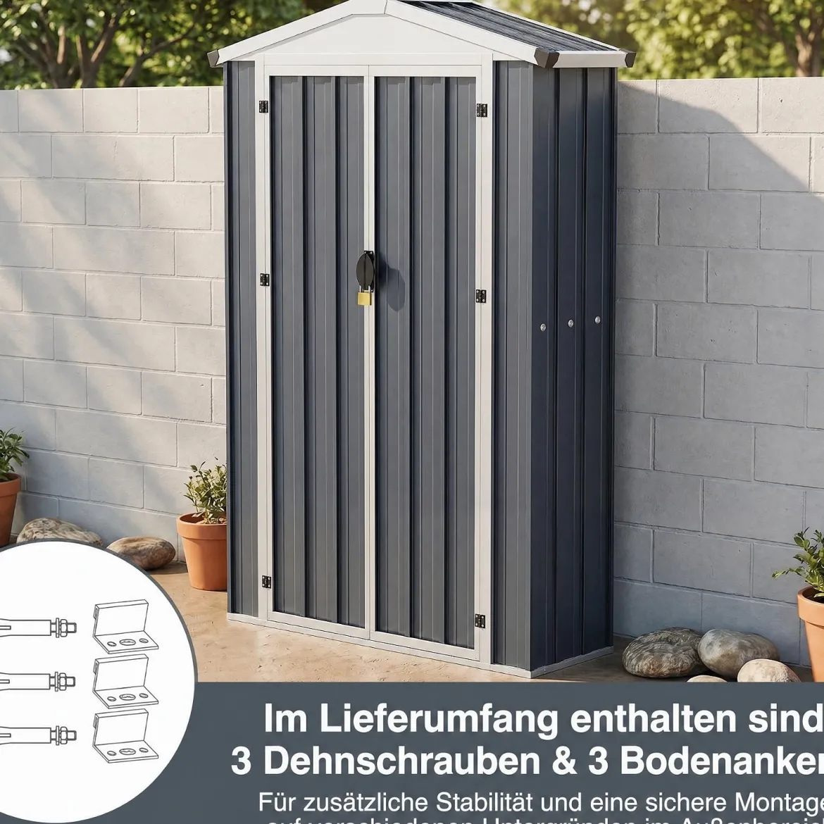 Gartenschuppen Metall Geräteschuppen mit Abschließbarer Tür & Kantenschutzkappen 126 x 41 x 185 cm Grau