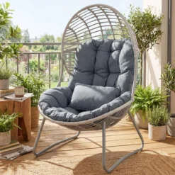 Gartensessel aus PE-Rattan Lounge Sessel mit Abnehmbaren Sitz- & Rückenkissen Korbsessel mit Metallrahmen
