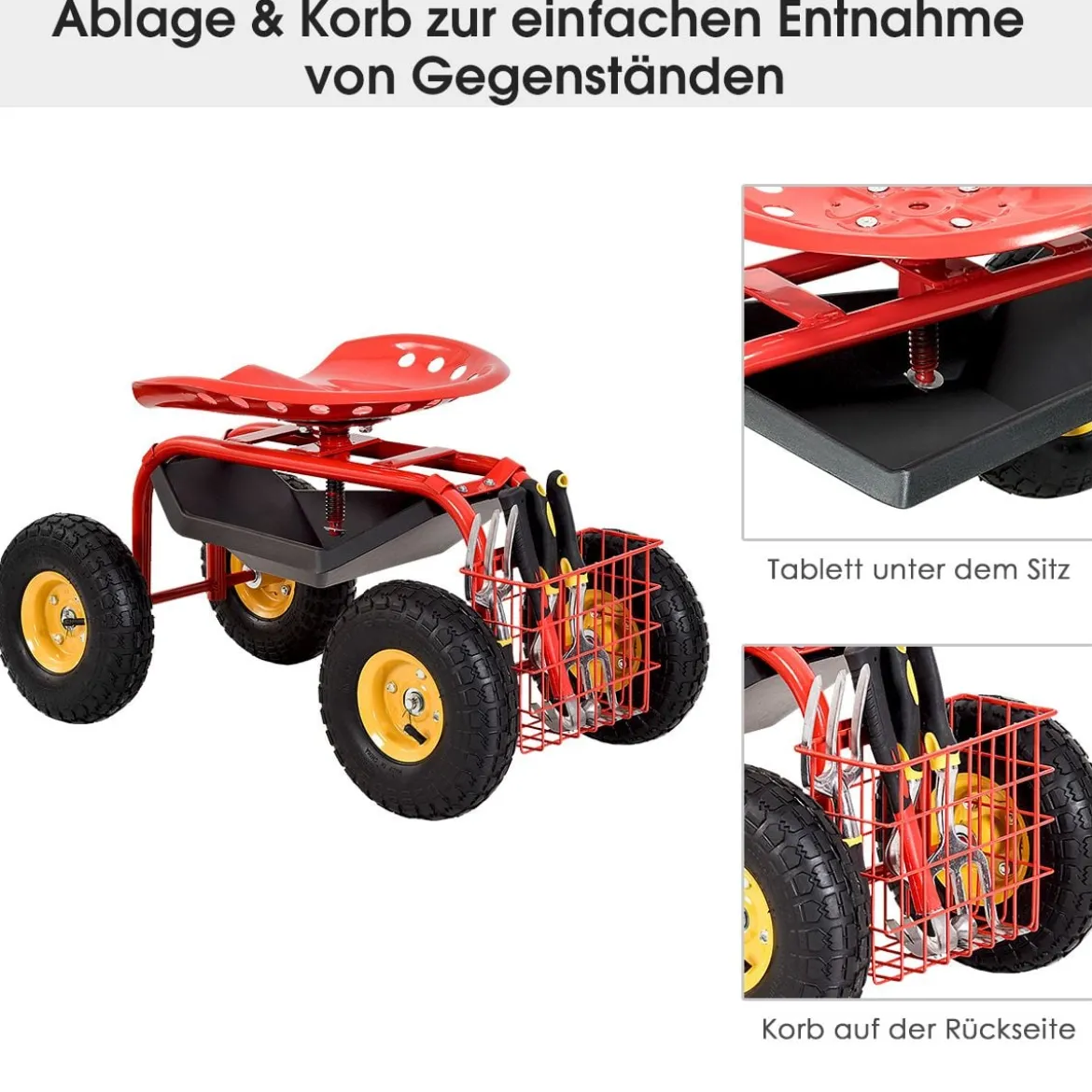 Gartensitz mit Rollen 360 ° drehbar höhenverstellbar Rollsitz mit Ablage & Korb Rot
