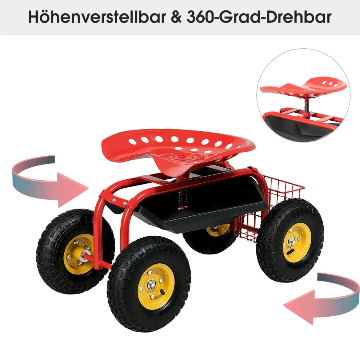 Gartensitz mit Rollen 360 ° drehbar höhenverstellbar Rollsitz mit Ablage & Korb Rot