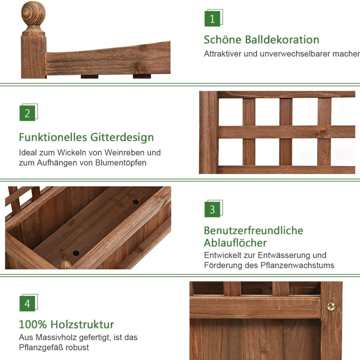 Gartenspalier Blumenkasten mit Rankgitter Massivholz-Pflanzgefäß 64,5 x 28 x 75 cm Dunkelbraun