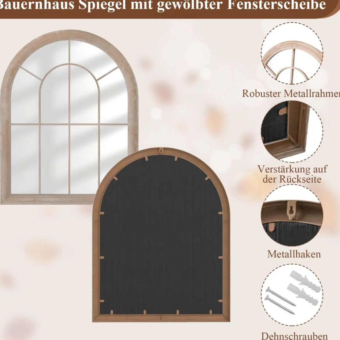 Gartenspiegel 69,5 x 88cm Wandspiegel Bogen mit Metallrahmen, dekorativer Spiegel