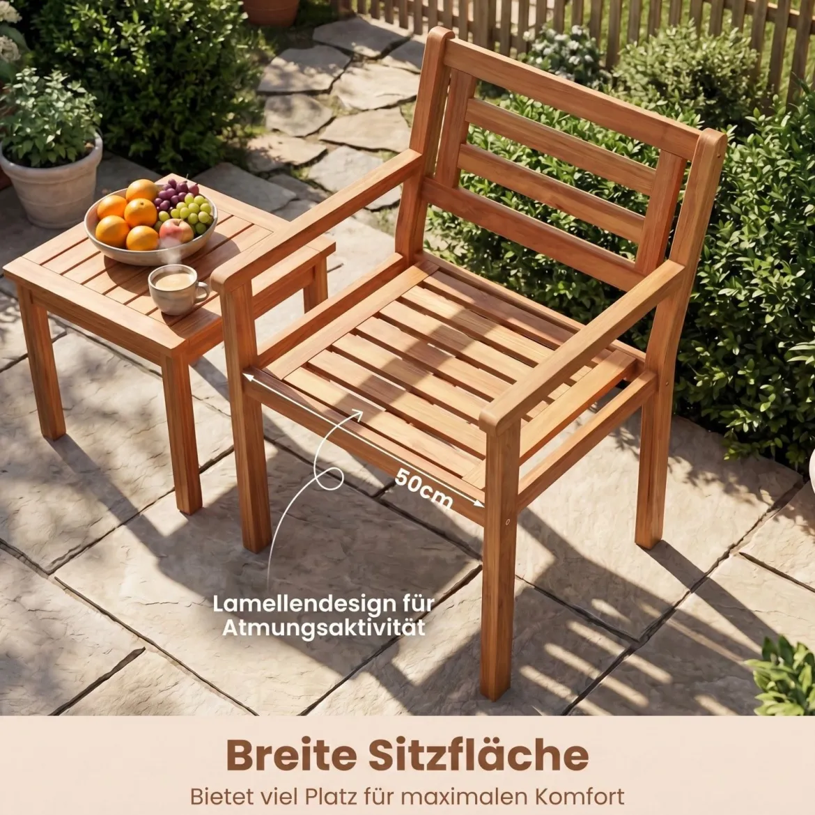 Gartenstühle Akazienholz 2er Set Holzstühle mit Rückenlehne & Armlehne Balkonstühle Blastbar bis 180 kg
