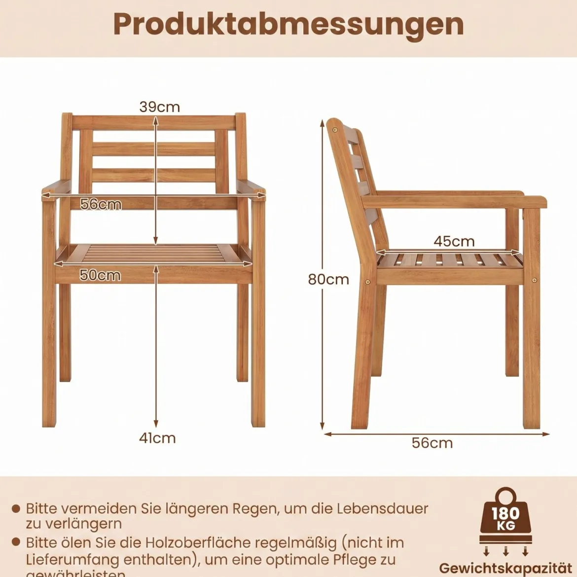 Gartenstühle Akazienholz 2er Set Holzstühle mit Rückenlehne & Armlehne Balkonstühle Blastbar bis 180 kg