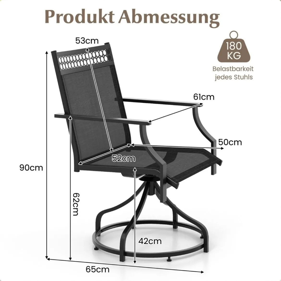 Gartenstühle 360° drehbar 2er Set Terrassenstühle mit schnell trocknendem Stoff Schwarz 65 x 61 x 90 cm
