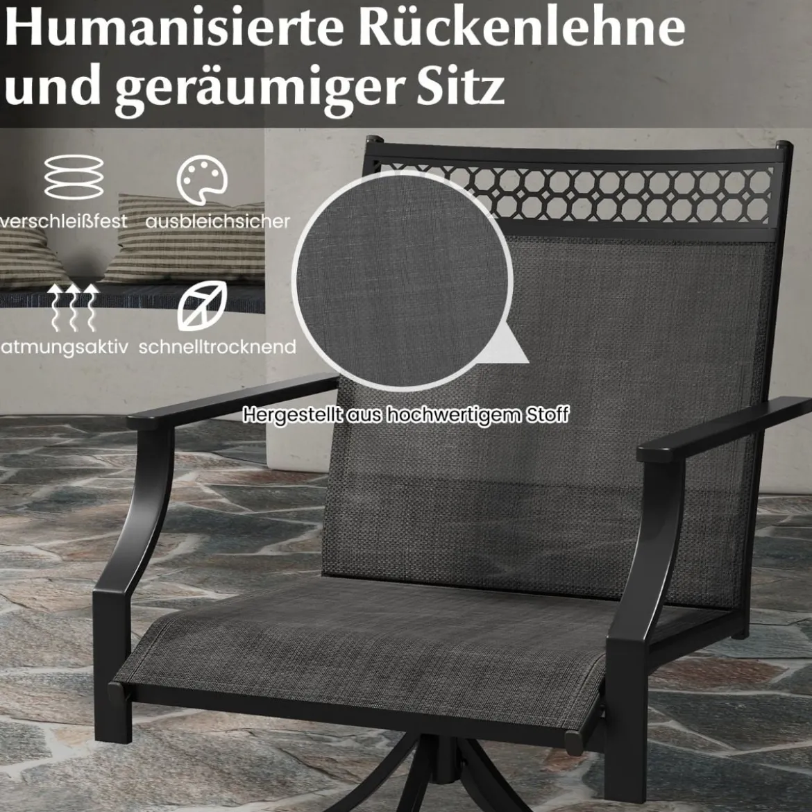 Gartenstühle 360° drehbar 2er Set Terrassenstühle mit schnell trocknendem Stoff Schwarz 65 x 61 x 90 cm