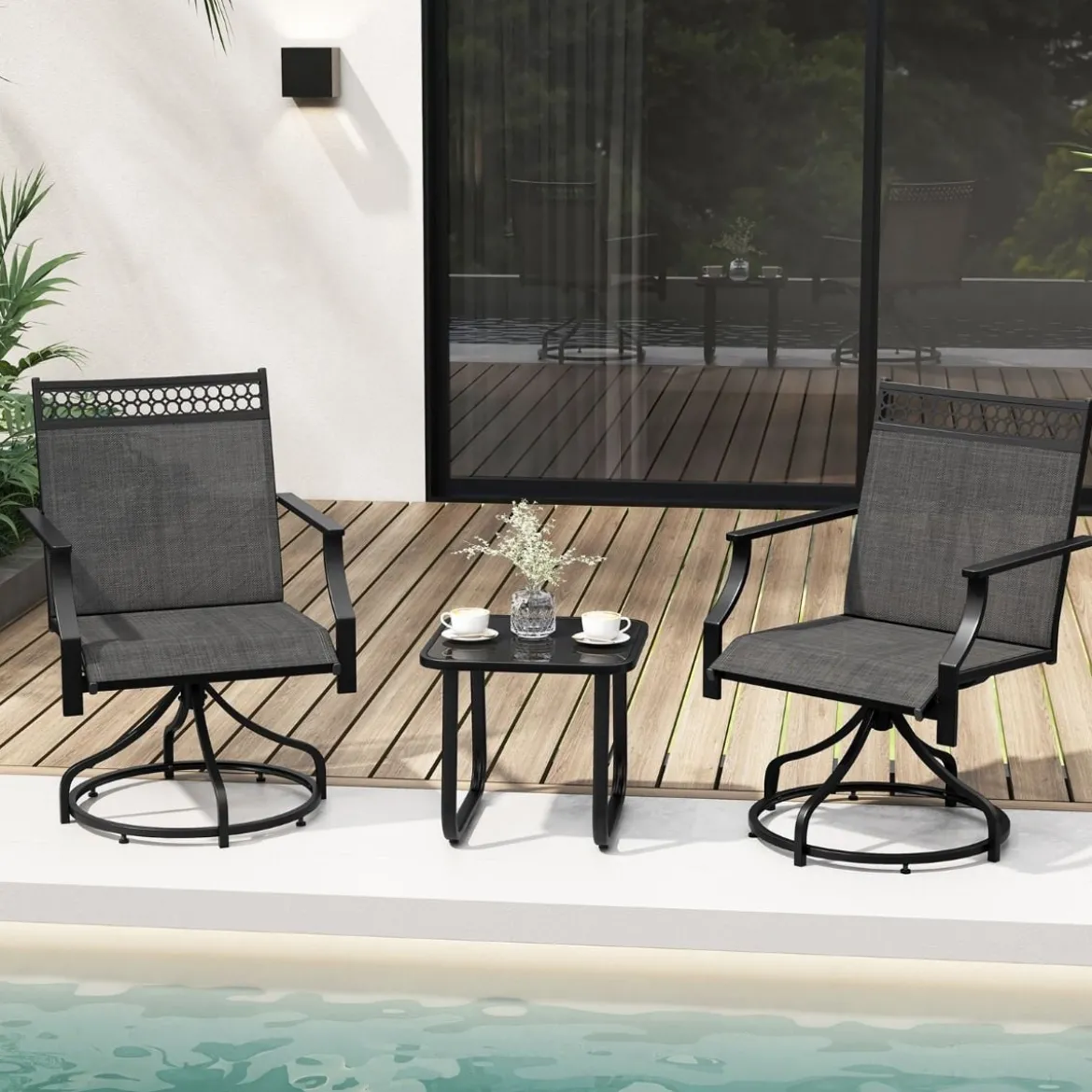 Gartenstühle 360° drehbar 2er Set Terrassenstühle mit schnell trocknendem Stoff Schwarz 65 x 61 x 90 cm