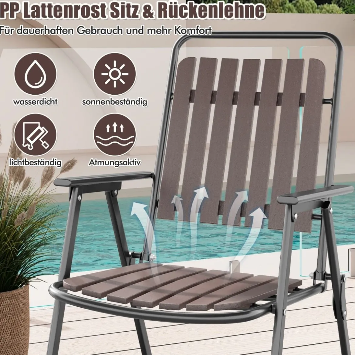 Gartenstühle 2er Set Klappstühle mit Sitz und Rückenlehne aus PP wetterfeste Balkonstühle bis 180 kg belastbar Kaffee