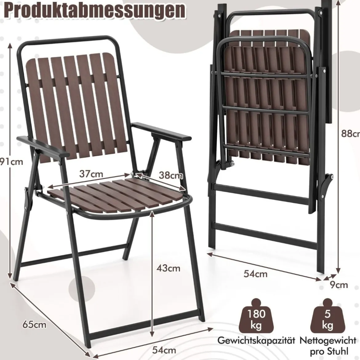 Gartenstühle 2er Set Klappstühle mit Sitz und Rückenlehne aus PP wetterfeste Balkonstühle bis 180 kg belastbar Kaffee