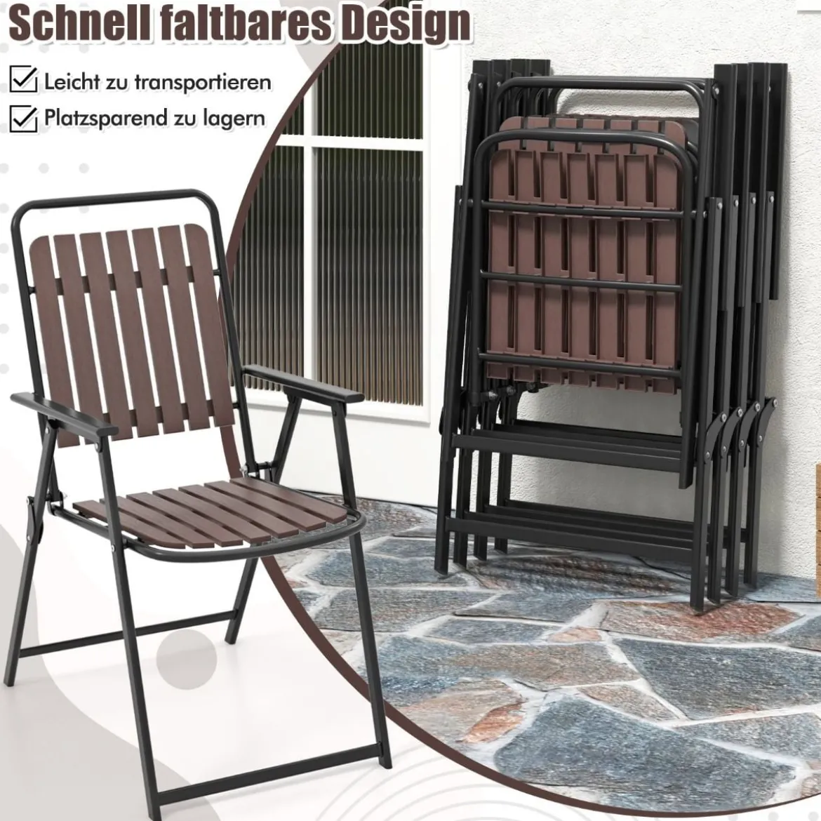 Gartenstühle 2er Set Klappstühle mit Sitz und Rückenlehne aus PP wetterfeste Balkonstühle bis 180 kg belastbar Kaffee