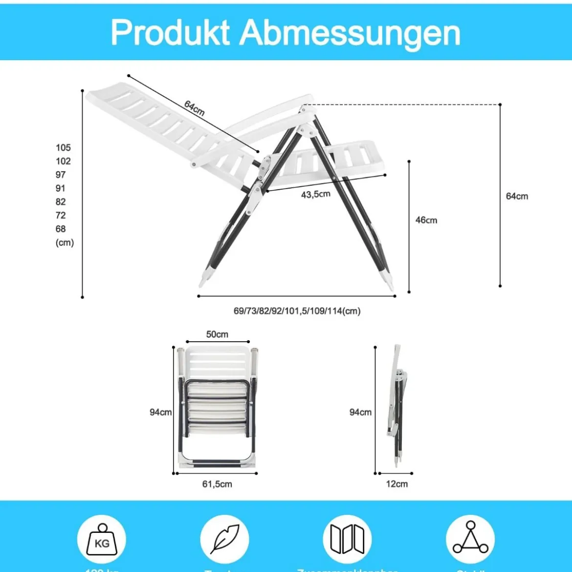 Gartenstühle 2er Set Klappstühle mit 7-Fach Verstellbarer Rückenlehne Weiß