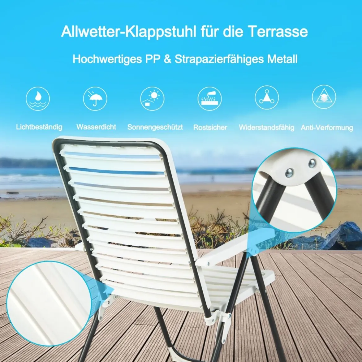 Gartenstühle 2er Set Klappstühle mit 7-Fach Verstellbarer Rückenlehne Weiß