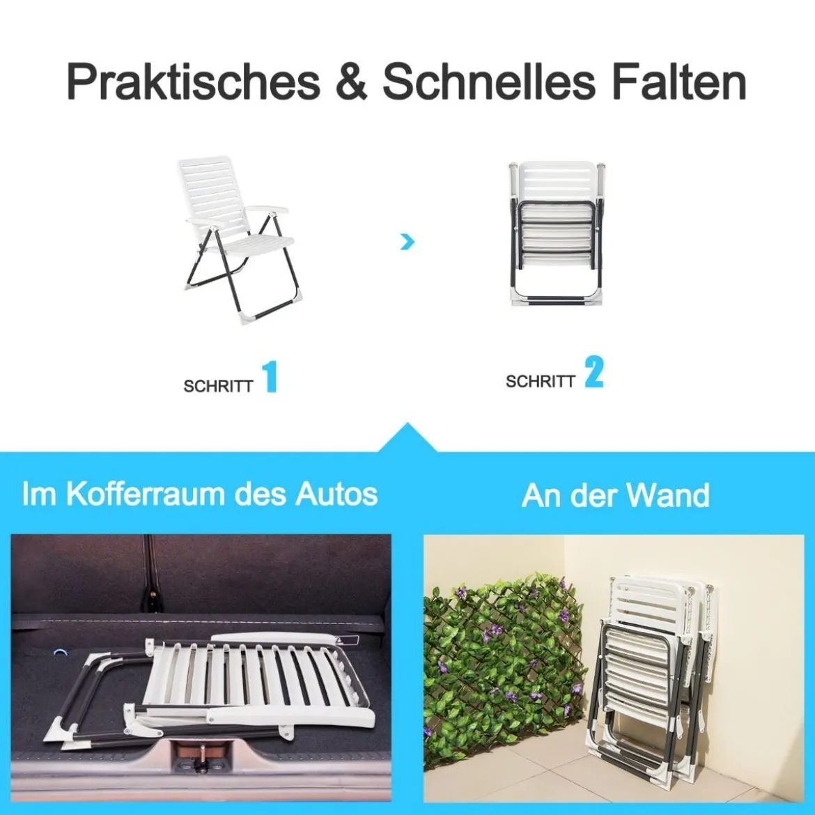Gartenstühle 2er Set Klappstühle mit 7-Fach Verstellbarer Rückenlehne Weiß