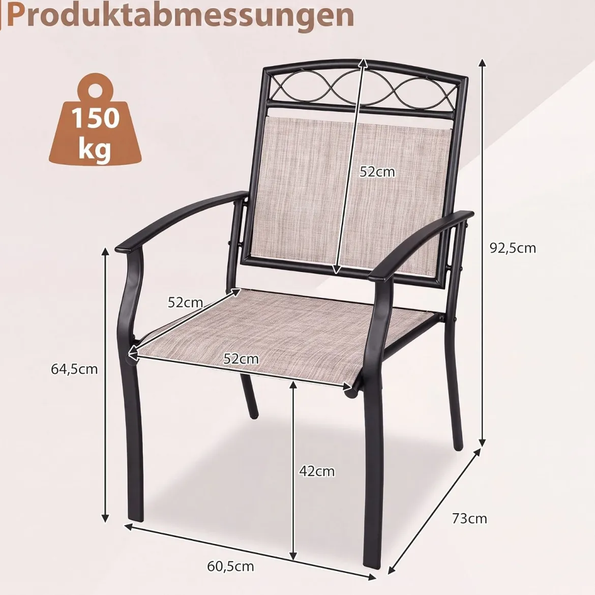 Gartenstühle 2er Set Wetterfeste Terrassenstühle aus Atmungsaktivem Stoff mit Breiter Sitzfläche Braun