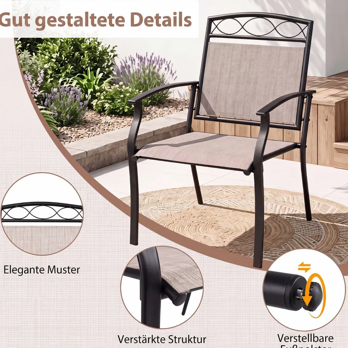 Gartenstühle 2er Set Wetterfeste Terrassenstühle aus Atmungsaktivem Stoff mit Breiter Sitzfläche Braun