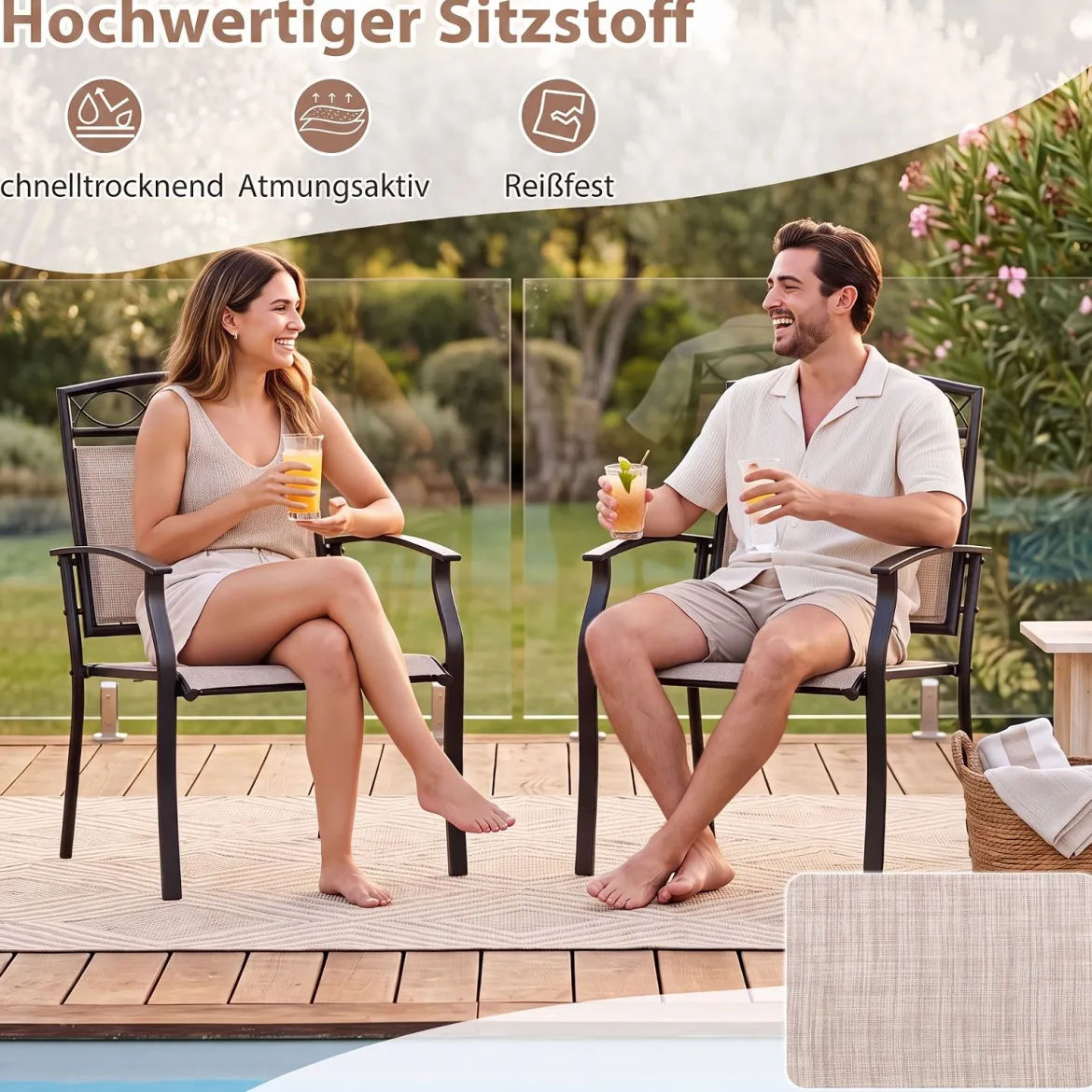 Gartenstühle 2er Set Wetterfeste Terrassenstühle aus Atmungsaktivem Stoff mit Breiter Sitzfläche Braun