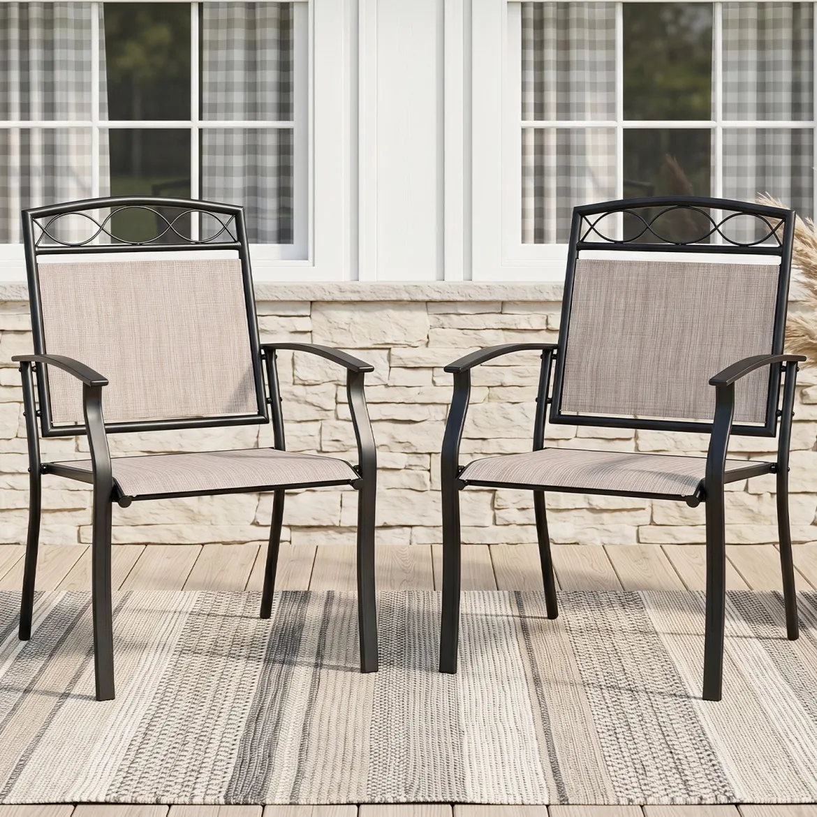 Gartenstühle 2er Set Wetterfeste Terrassenstühle aus Atmungsaktivem Stoff mit Breiter Sitzfläche Braun