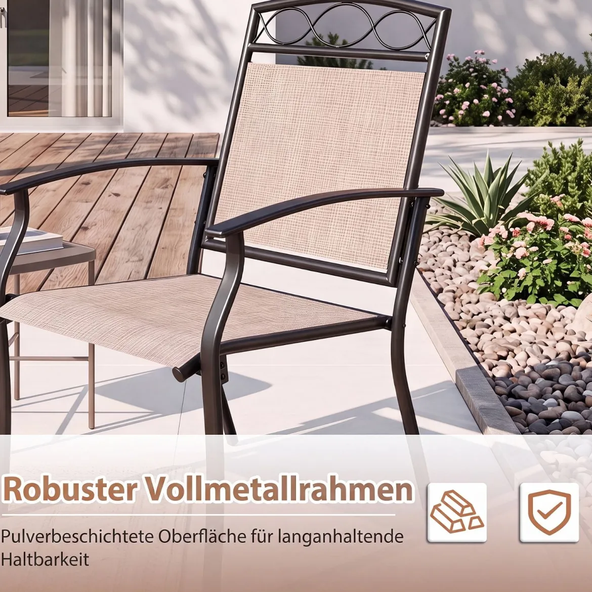 Gartenstühle 2er Set Wetterfeste Terrassenstühle aus Atmungsaktivem Stoff mit Breiter Sitzfläche Braun