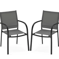 Gartenstühle stapelbar 2er Set Stapelstühle aus Textilene und Metallgestell Terrassenstühle mit Armlehnen 61 x 58 x 85 cm Grau