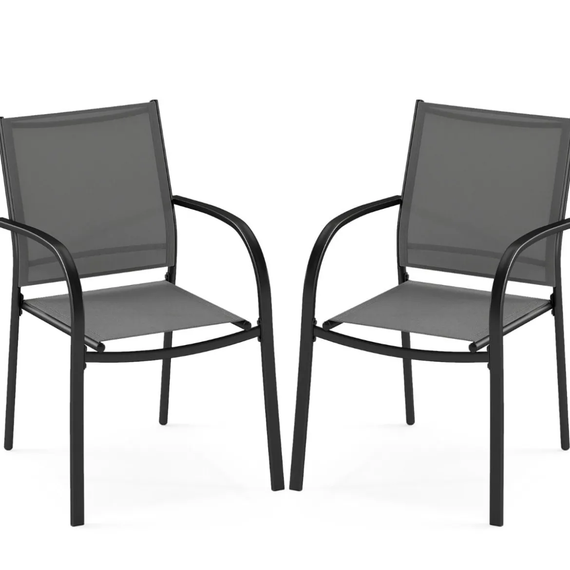 Gartenstühle stapelbar 2er Set Stapelstühle aus Textilene und Metallgestell Terrassenstühle mit Armlehnen 61 x 58 x 85 cm Grau