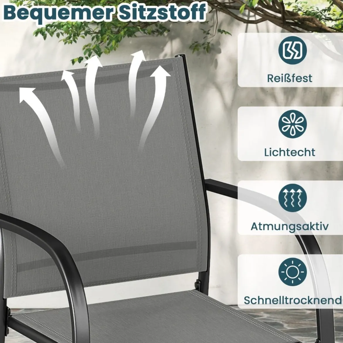 Gartenstühle stapelbar 2er Set Stapelstühle aus Textilene und Metallgestell Terrassenstühle mit Armlehnen 61 x 58 x 85 cm Grau