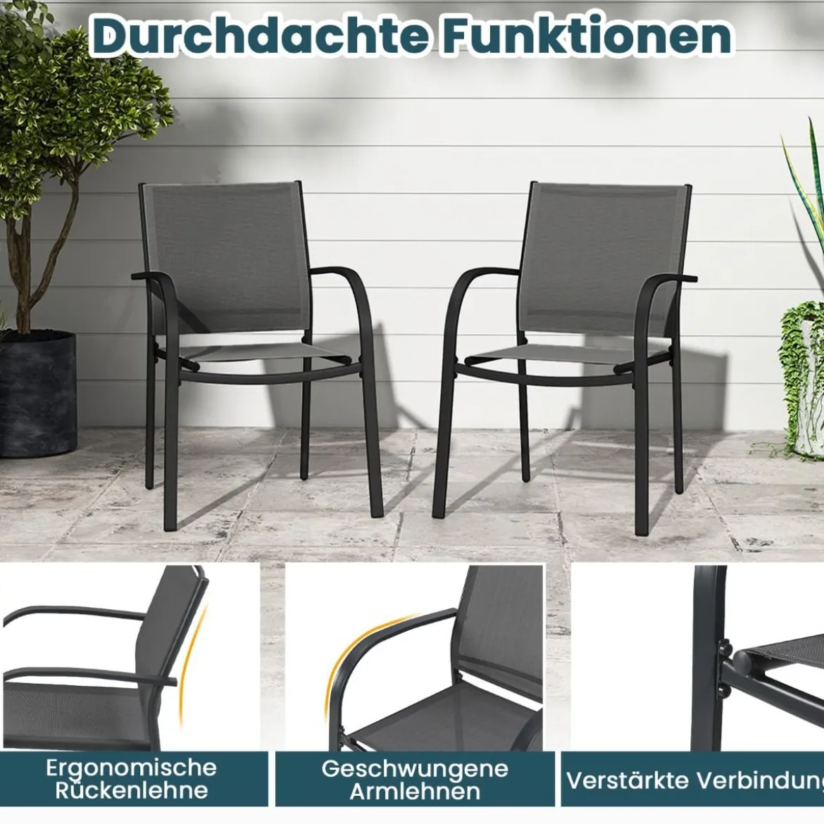 Gartenstühle stapelbar 2er Set Stapelstühle aus Textilene und Metallgestell Terrassenstühle mit Armlehnen 61 x 58 x 85 cm Grau