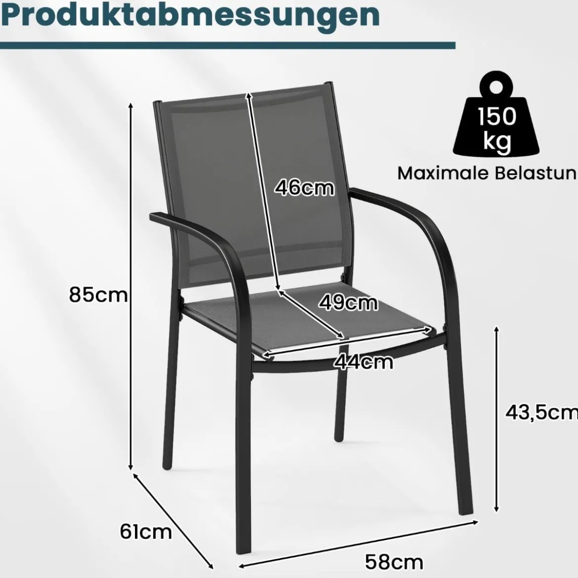 Gartenstühle stapelbar 2er Set Stapelstühle aus Textilene und Metallgestell Terrassenstühle mit Armlehnen 61 x 58 x 85 cm Grau