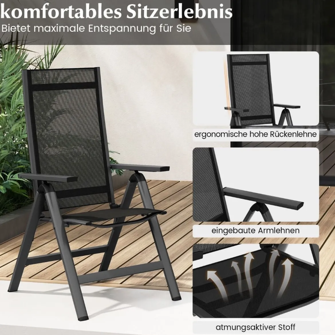 Gartenstuhl Alu wetterfester Klappstuhl mit 7-Fach Verstellbarer Rückenlehne Schwarz (1 Stück)