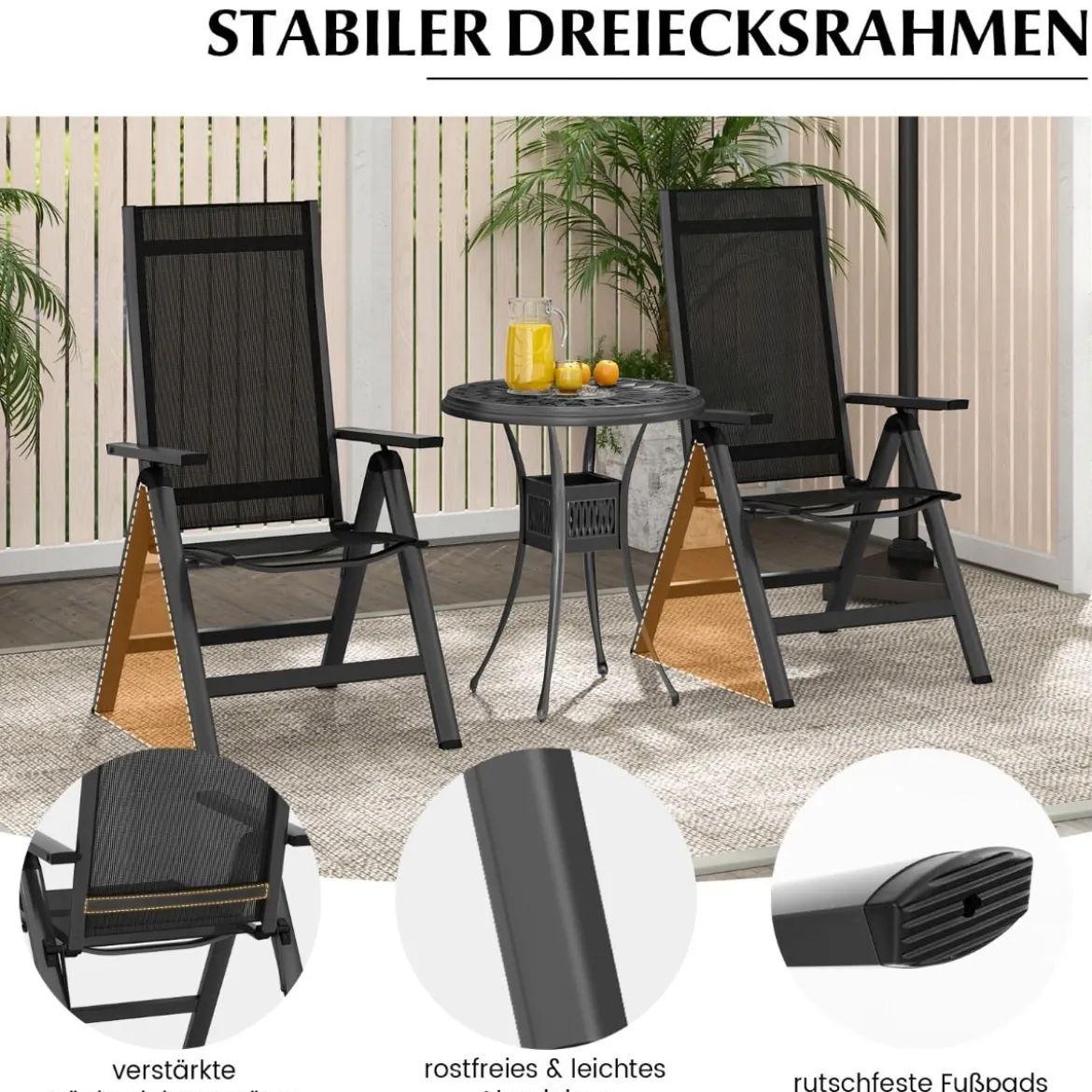 Gartenstuhl Alu wetterfester Klappstuhl mit 7-Fach Verstellbarer Rückenlehne Schwarz (1 Stück)
