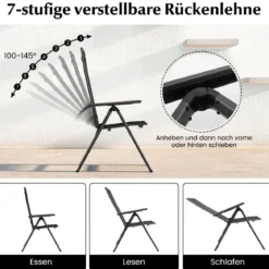 Gartenstuhl Alu wetterfester Klappstuhl mit 7-Fach Verstellbarer Rückenlehne Schwarz (1 Stück)