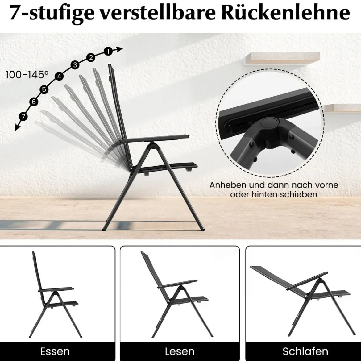 Gartenstuhl Alu wetterfester Klappstuhl mit 7-Fach Verstellbarer Rückenlehne Schwarz (1 Stück)