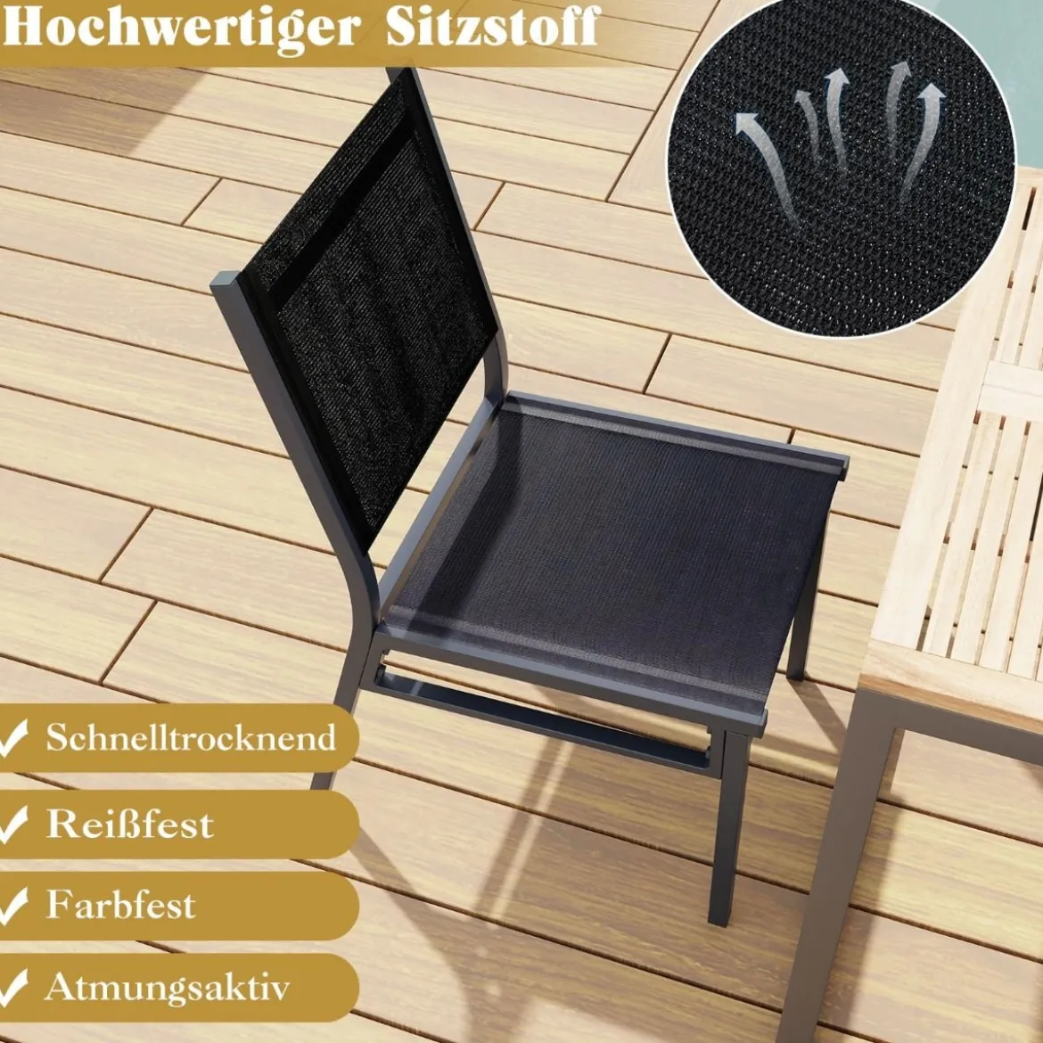 Gartenstuhl Alu wetterfester Terrassenstuhl mit atmungsaktivem Sitz und Rückenlehne 60 x 45 x 87 cm Schwarz