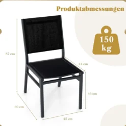 Gartenstuhl Alu wetterfester Terrassenstuhl mit atmungsaktivem Sitz und Rückenlehne 60 x 45 x 87 cm Schwarz