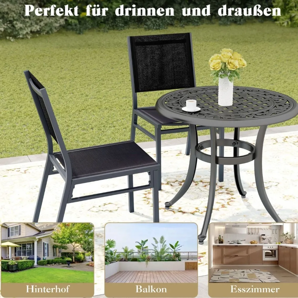 Gartenstuhl Alu wetterfester Terrassenstuhl mit atmungsaktivem Sitz und Rückenlehne 60 x 45 x 87 cm Schwarz