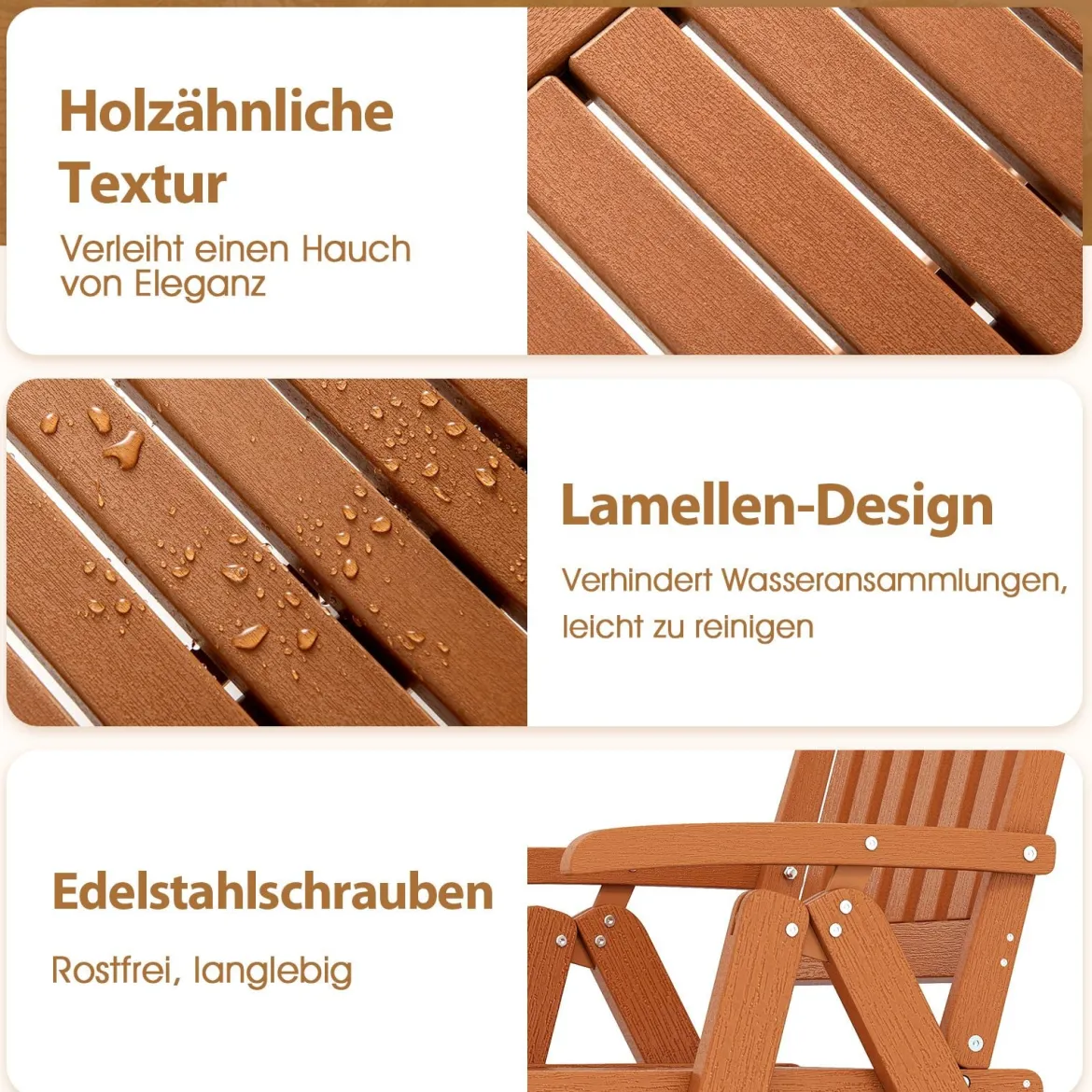 Gartenstuhl klappbar Hochlehner Klappstuhl aus Kunststoff wetterfester Balkonstuhl in Holzoptik Terrassenstuhl bis 150 kg belastbar Braun