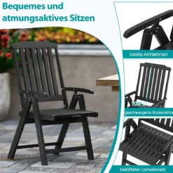 Gartenstuhl klappbar Hochlehner Klappstuhl aus Kunststoff wetterfester Balkonstuhl in Holzoptik Terrassenstuhl bis 150 kg belastbar Schwarz