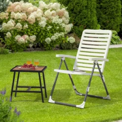 Gartenstuhl Klappstuhl mit 7-Fach Verstellbarer Rückenlehne Weiß