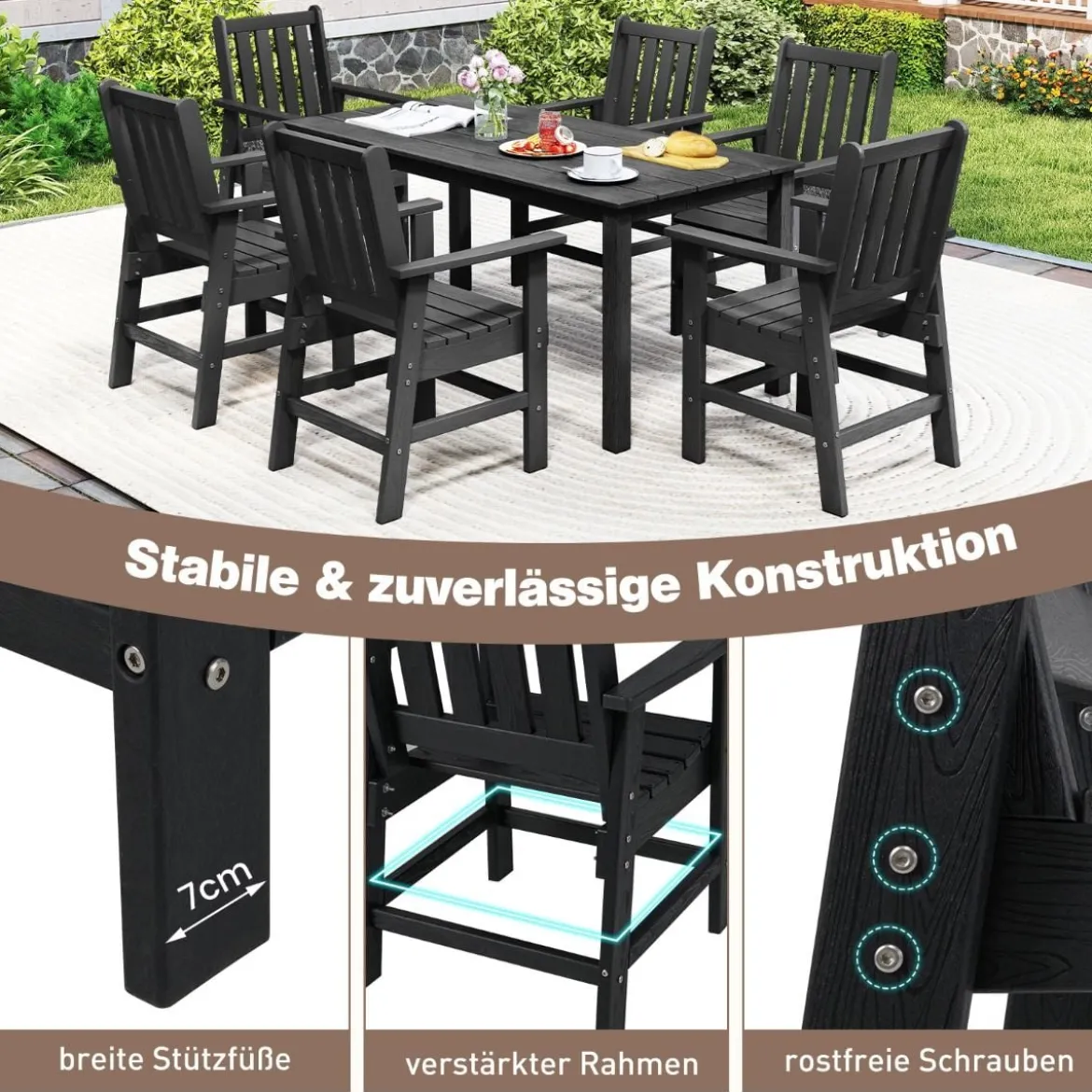 Gartenstuhl Kunststoff wetterfester Balkonstuhl aus HDPE Gartensessel in Holzoptik Schwarz