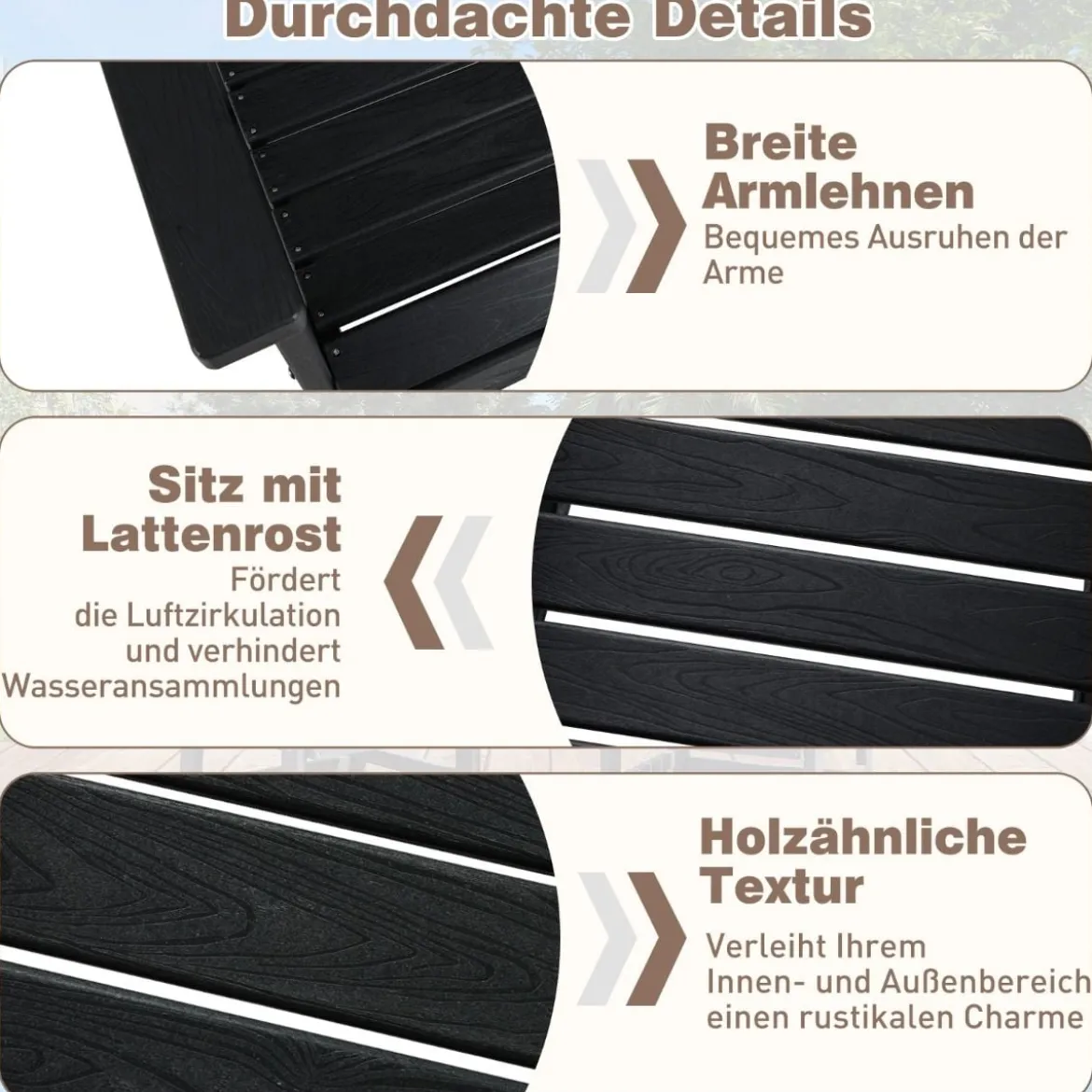 Gartenstuhl Kunststoff wetterfester Balkonstuhl aus HDPE Gartensessel in Holzoptik Schwarz