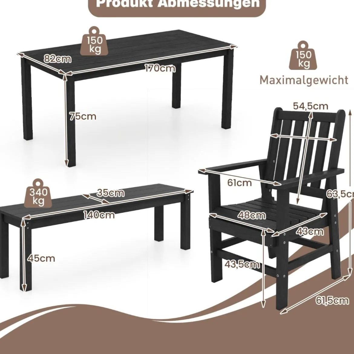 Gartenstuhl Kunststoff wetterfester Balkonstuhl aus HDPE Gartensessel in Holzoptik Schwarz