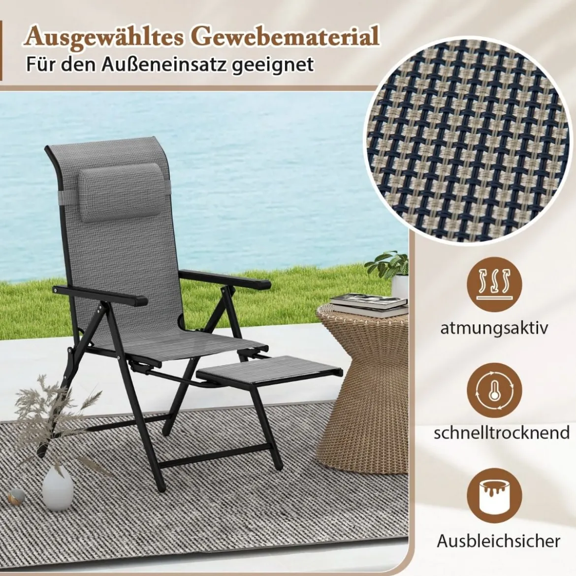 Gartenstuhl mit Ausziehbarer Fußstütze Hochlehner Klappstühle mit 10-Fach Verstellbarer Rückenlehne