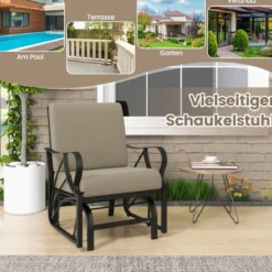 Gartenstuhl mit Schaukelfunktion & Weich Gepolstertem Kissen Schaukelstuhl Braun