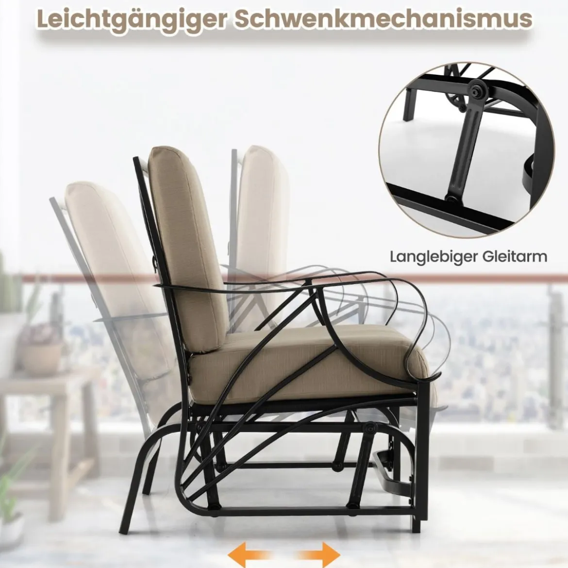 Gartenstuhl mit Schaukelfunktion & Weich Gepolstertem Kissen Schaukelstuhl Braun