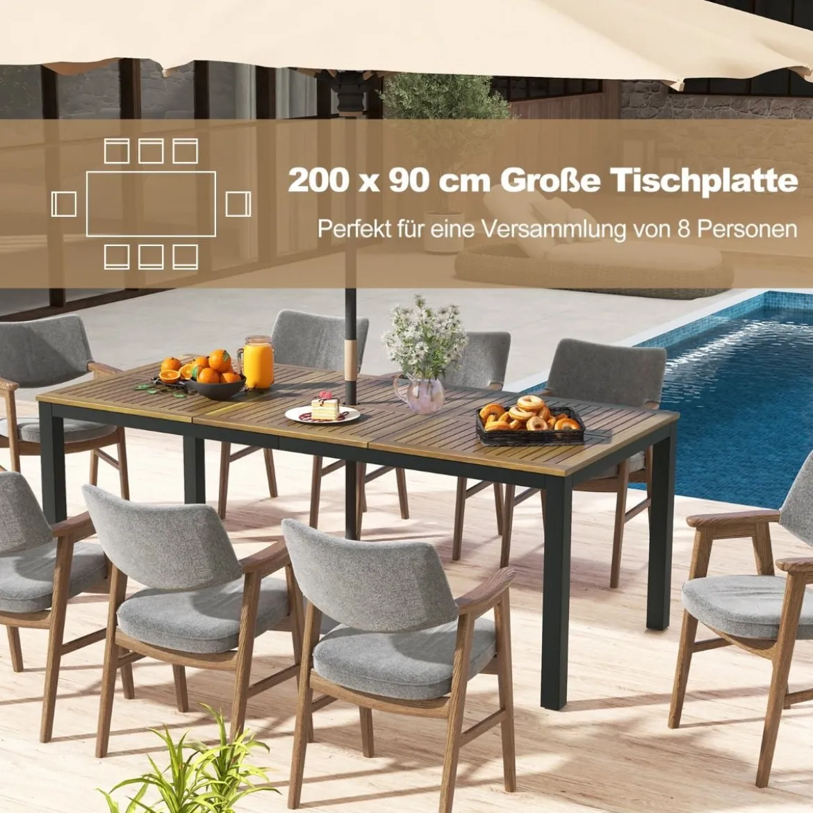 Gartentisch Akazienholz Garten Esstisch für 8 Personen Rechteckiger Terrassentisch 200 x 90 x 75 cm