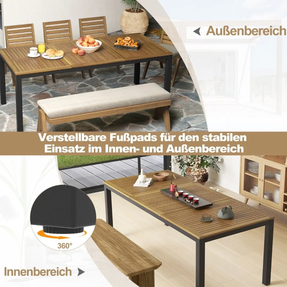 Gartentisch Akazienholz Garten Esstisch für 8 Personen Rechteckiger Terrassentisch 200 x 90 x 75 cm