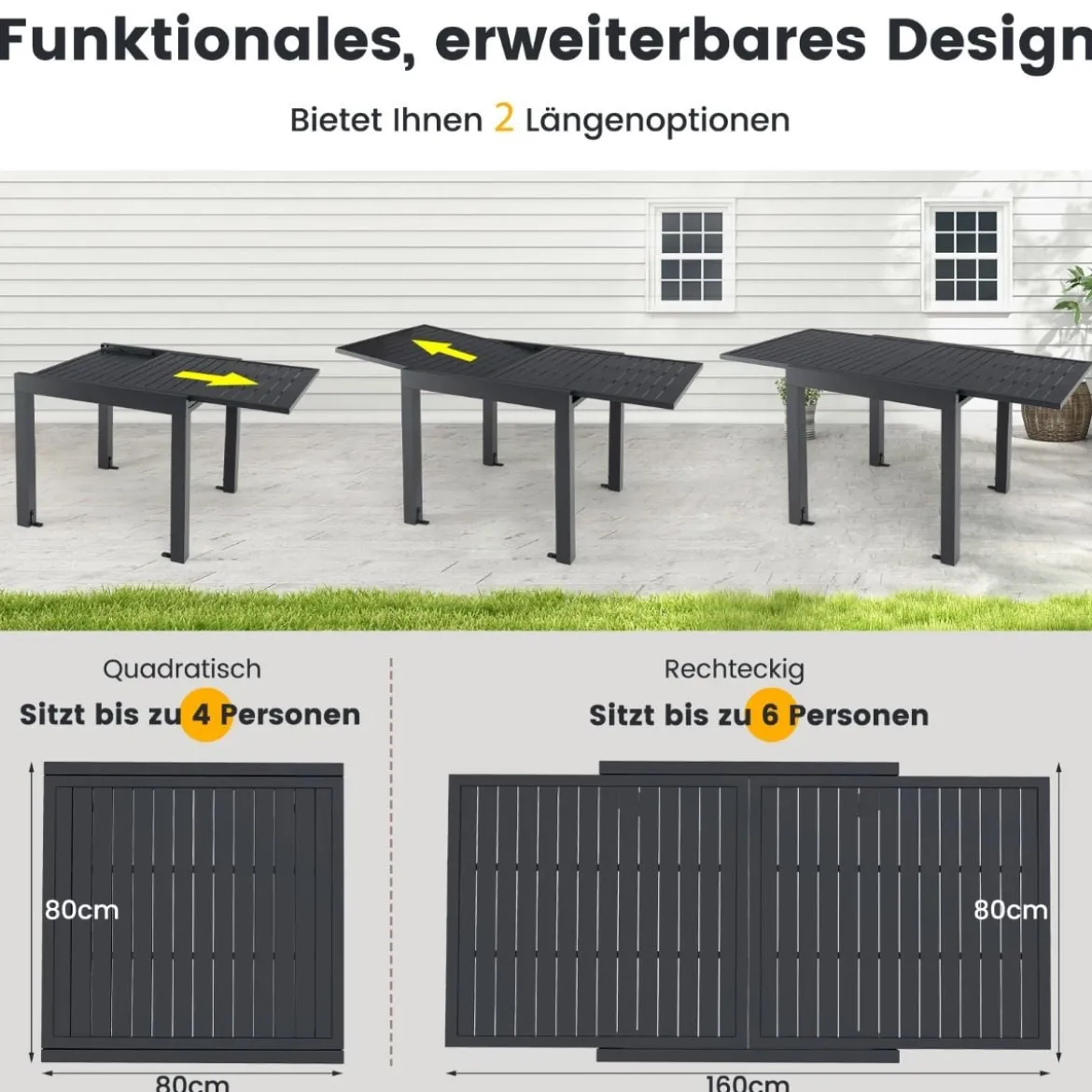 Gartentisch Aluminium ausziehbar 80/160 x 80cm Esstisch wetterfest Dunkelgrau