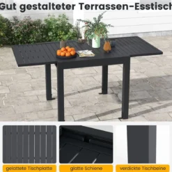Gartentisch Aluminium ausziehbar 80/160 x 80cm Esstisch wetterfest Dunkelgrau