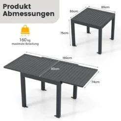 Gartentisch Aluminium ausziehbar 80/160 x 80cm Esstisch wetterfest Dunkelgrau