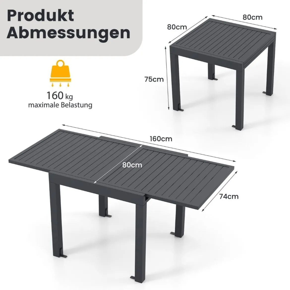 Gartentisch Aluminium ausziehbar 80/160 x 80cm Esstisch wetterfest Dunkelgrau