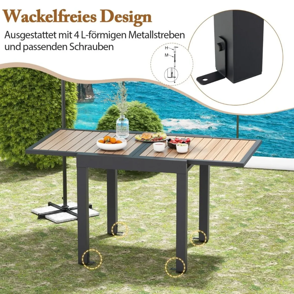 Gartentisch Aluminium ausziehbar 80/160 x 80 cm wetterfester Esstisch mit Tischplatte in Holzoptik